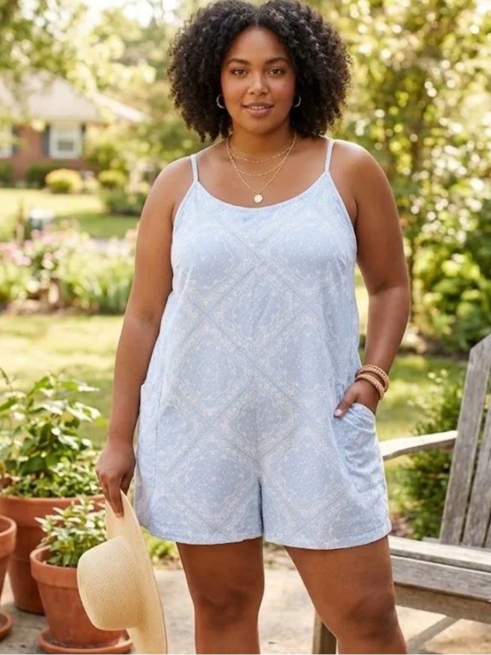 Vanilla Star Light Blue Printed Romper with Pockets